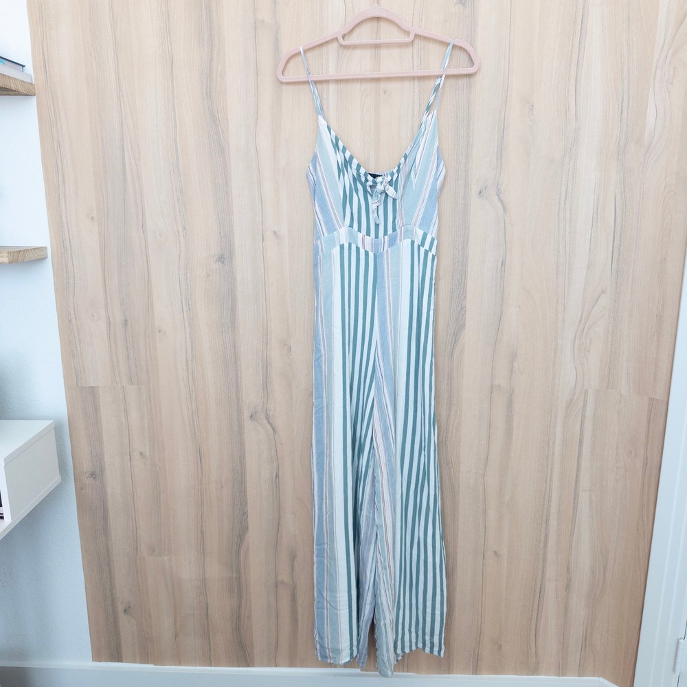 Lulus Womens Wide‎ Leg Jumpsuit M Blue Striped Tie Front Smocked Coastal Boho